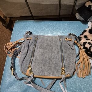 Aimee Kestenberg Demin Crossbody Bag With Brown Leather Tassels And Gold Hardwar